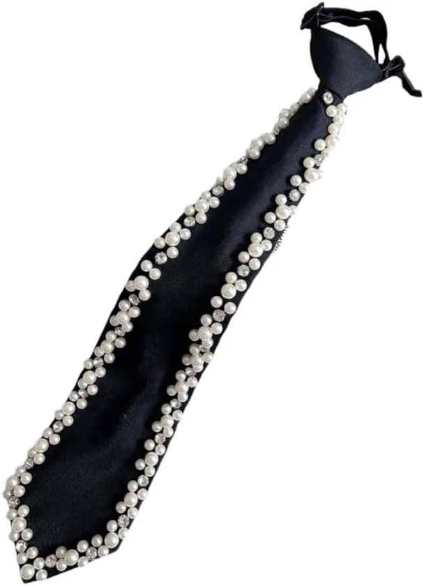 Adjustable Length Pretied Silk Neck Tie with Pearls Rhinestones Embellishment Black Necktie for Men Women Formal Wear