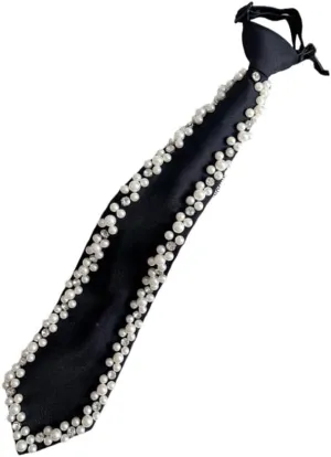 Adjustable Length Pretied Silk Neck Tie with Pearls Rhinestones Embellishment Black Necktie for Men Women Formal Wear