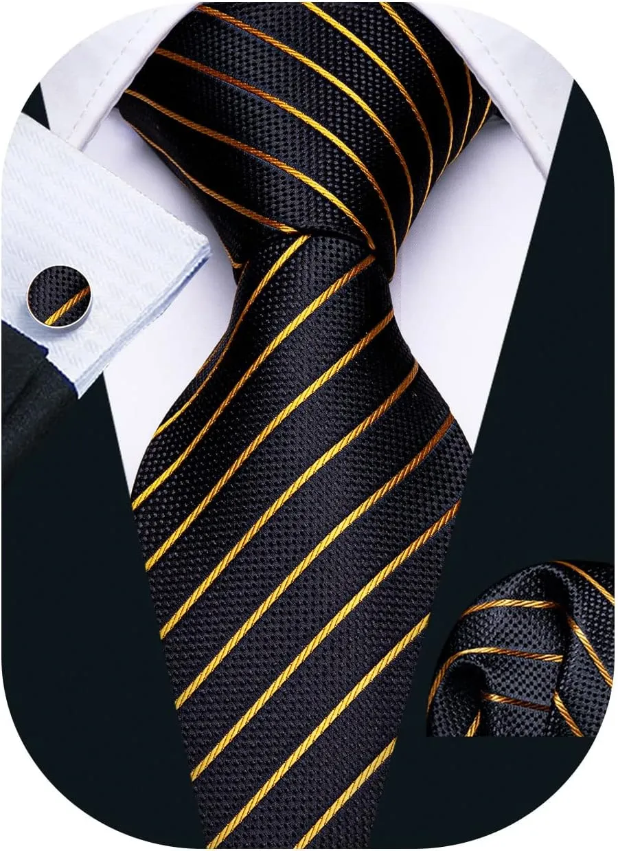 Barry.Wang Stripe Men Ties Set Classic WOVEN Necktie with Handkerchief Cufflinks Formal