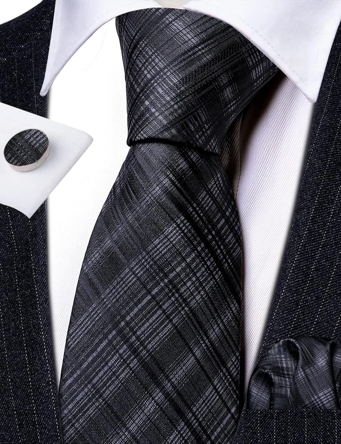 Barry.Wang Stripe Men Ties Set Classic WOVEN Necktie with Handkerchief Cufflinks Formal
