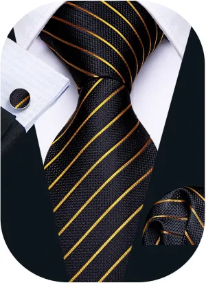 Barry.Wang Stripe Men Ties Set Classic WOVEN Necktie with Handkerchief Cufflinks Formal