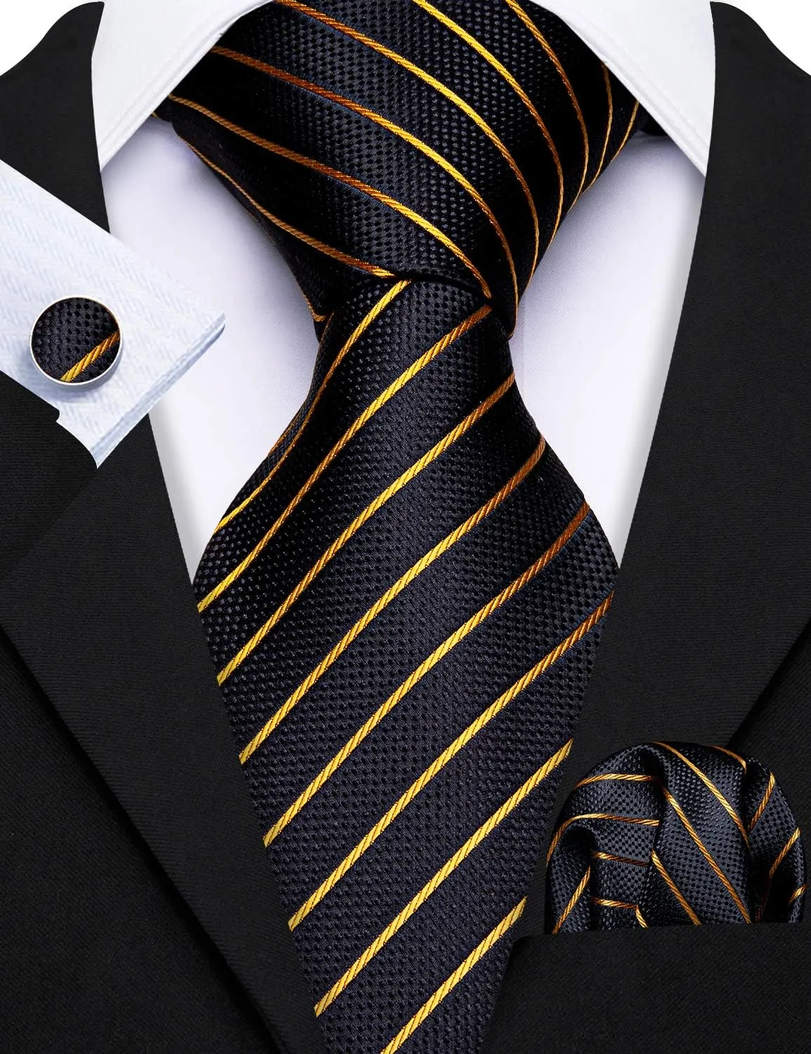 Barry.Wang Stripe Men Ties Set Classic WOVEN Necktie with Handkerchief Cufflinks Formal