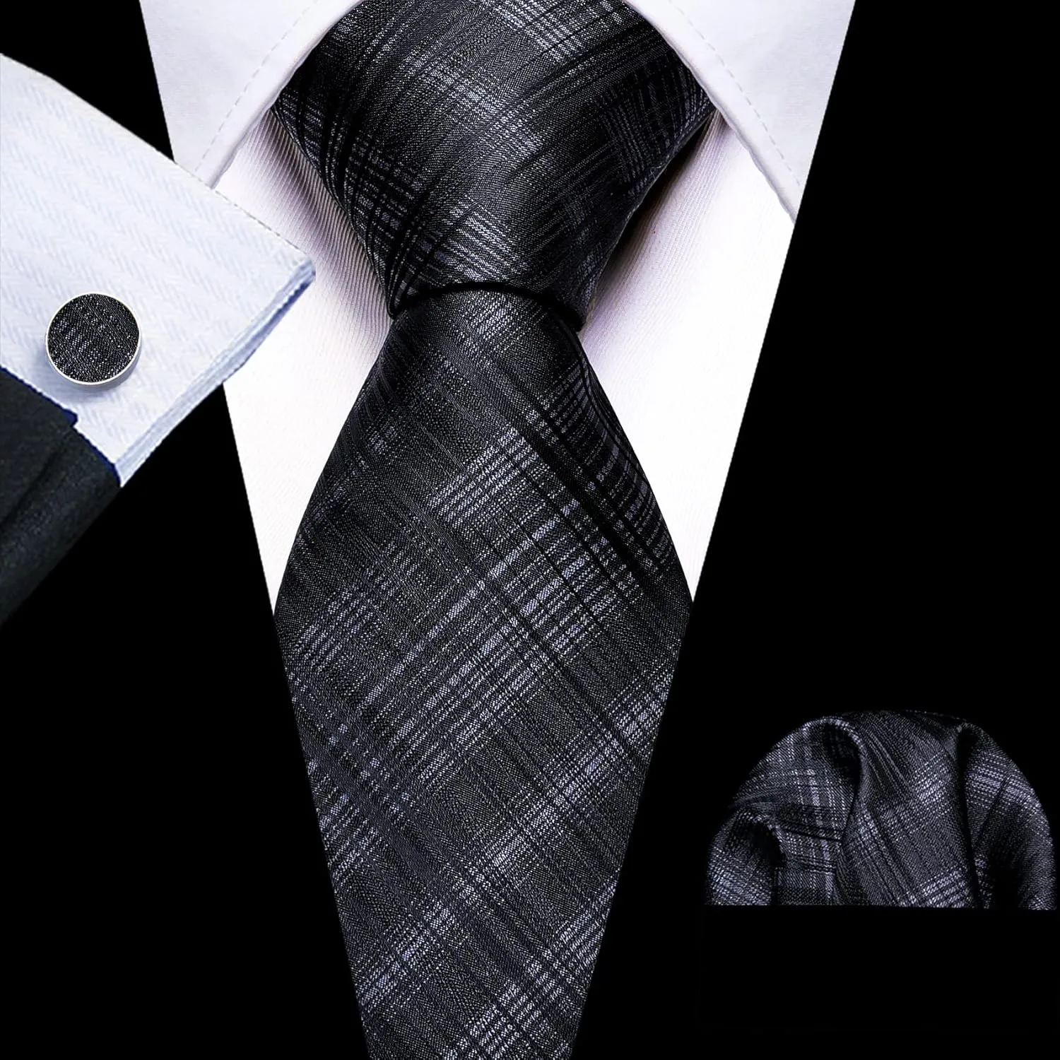 Barry.Wang Stripe Men Ties Set Classic WOVEN Necktie with Handkerchief Cufflinks Formal