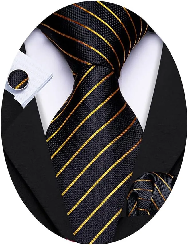 Barry.Wang Stripe Men Ties Set Classic WOVEN Necktie with Handkerchief Cufflinks Formal