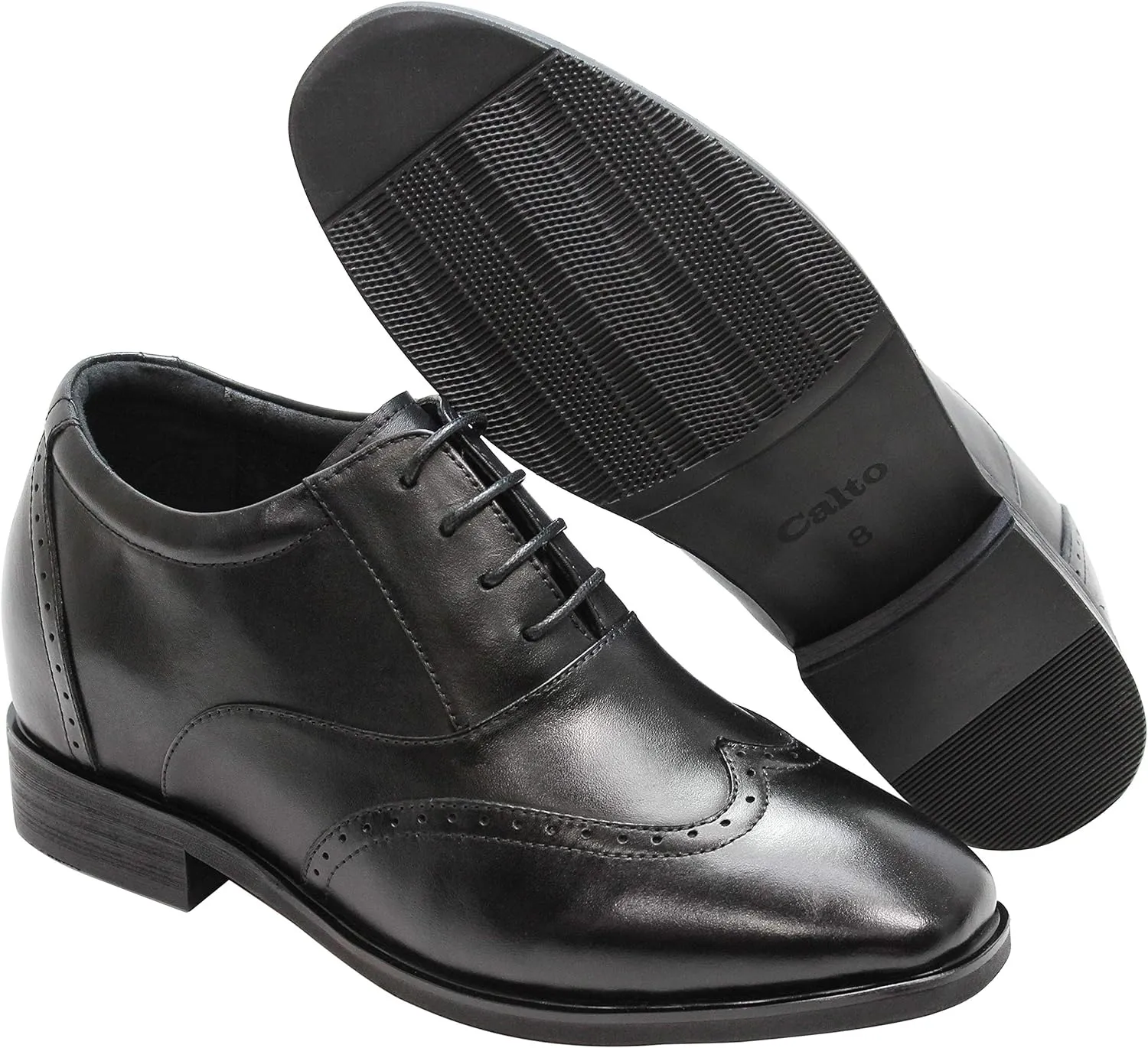 CALTO Men's Invisible Height Increasing Elevator Shoes - Black Leather Lace-up Brogue Wing-tip Oxfords - 3.2 Inches Taller - G51123 - Size 11 D(M) US