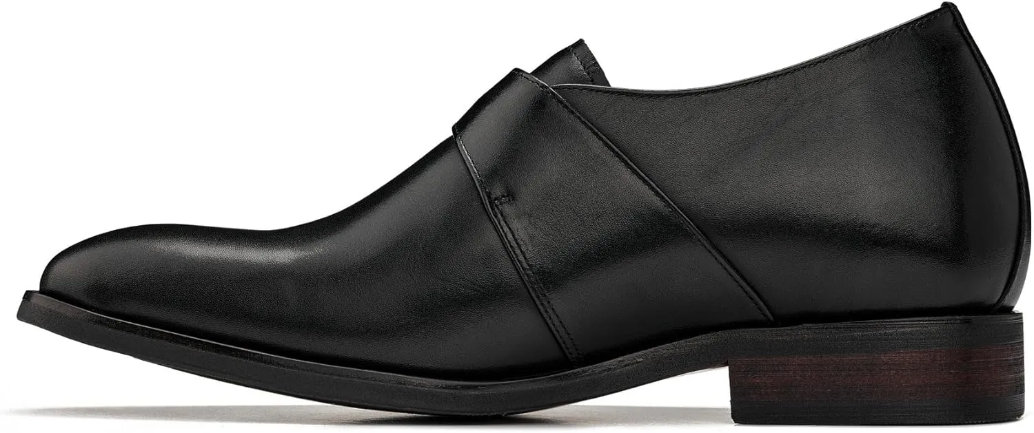 CALTO Men's Invisible Height Increasing Elevator Shoes - Black Leather Slip-on Monk-Strap Dress Loafers - 2.8 Inches Taller - Y7254 - Size 11 D(M) US