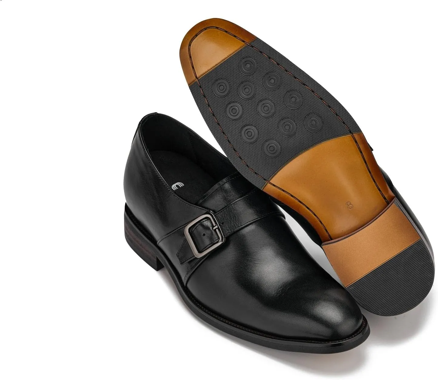CALTO Men's Invisible Height Increasing Elevator Shoes - Black Leather Slip-on Monk-Strap Dress Loafers - 2.8 Inches Taller - Y7254 - Size 11 D(M) US