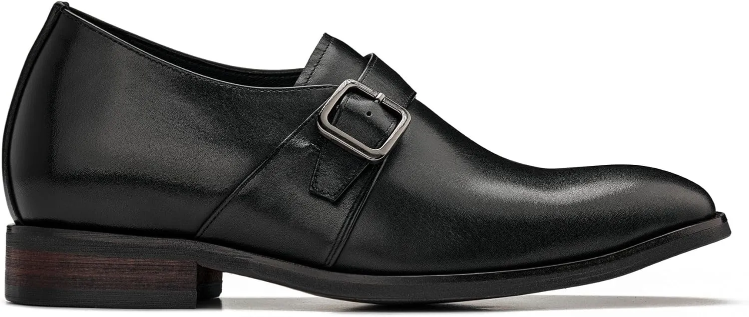 CALTO Men's Invisible Height Increasing Elevator Shoes - Black Leather Slip-on Monk-Strap Dress Loafers - 2.8 Inches Taller - Y7254 - Size 11 D(M) US