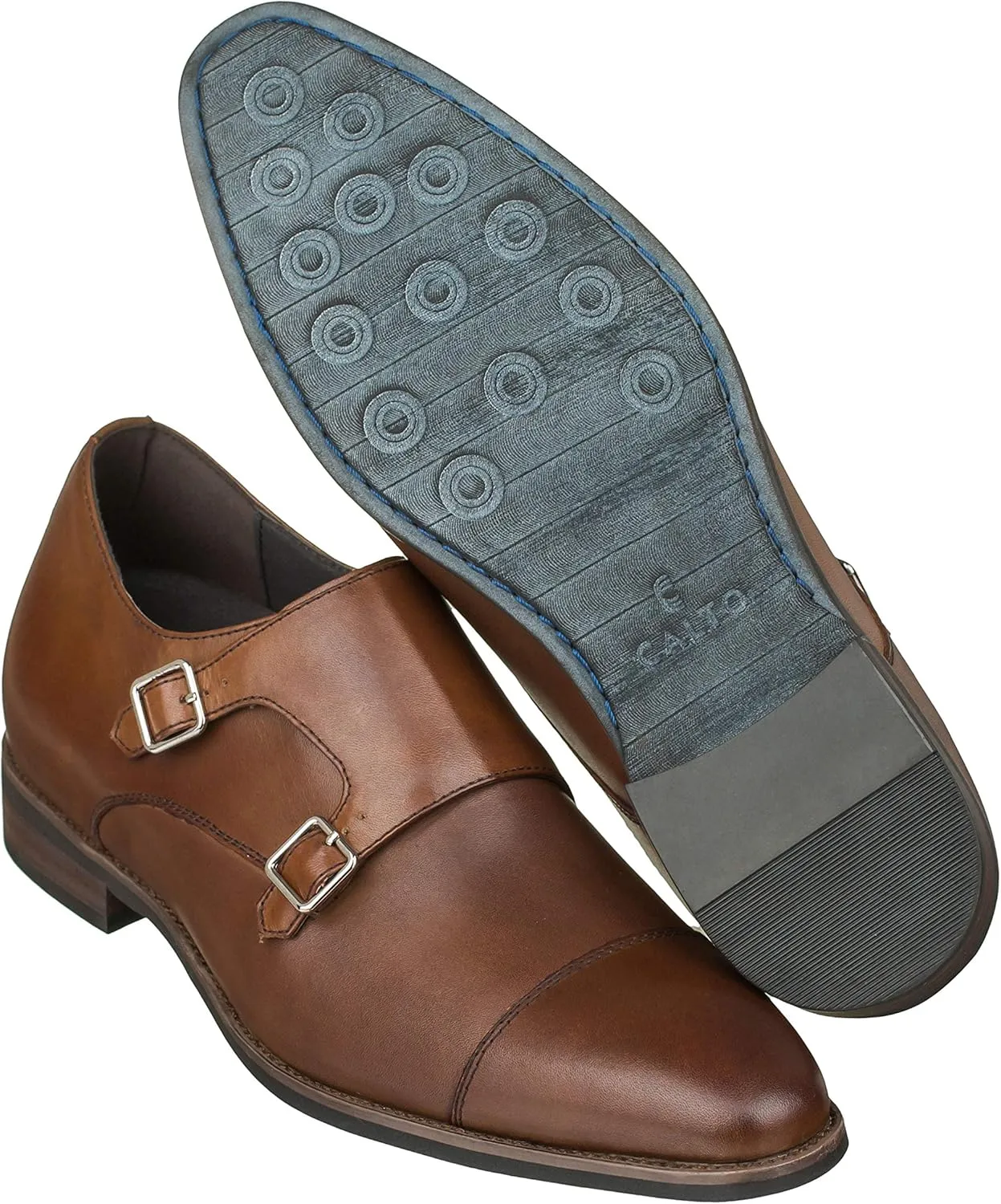 CALTO Men's Invisible Height Increasing Elevator Shoes - Brown Premium Leather Slip-on Lightweight Casual Loafers - 3 Inches Taller - S3507 - Size 8 D(M) US