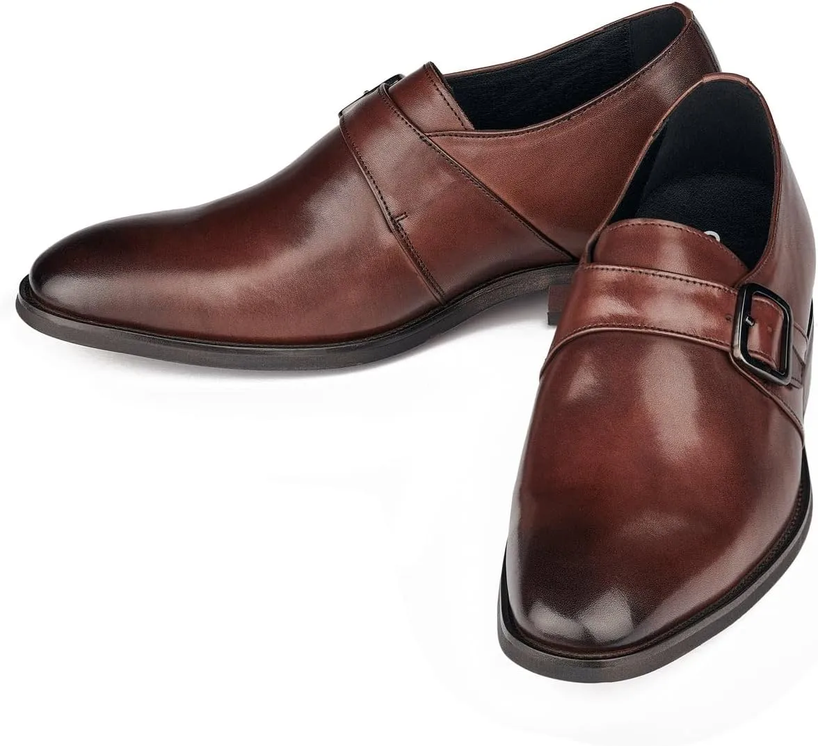 CALTO Men's Invisible Height Increasing Elevator Shoes - Coffee Brown Leather Slip-on Monk-Strap Dress Loafers - 2.8 Inches Taller - Y7255 - Size 11.5 D(M) US