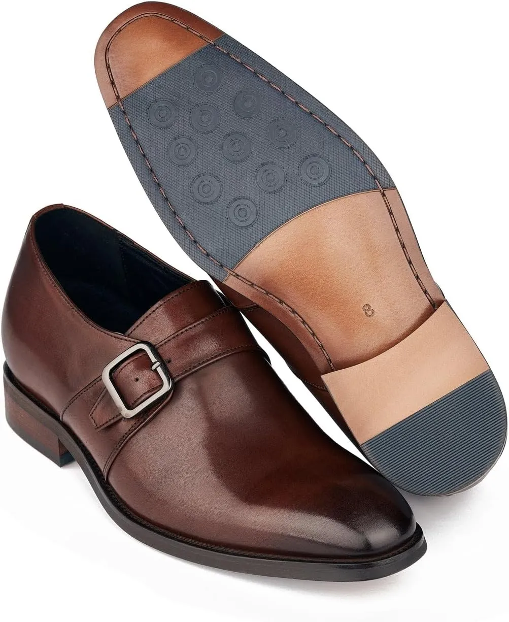 CALTO Men's Invisible Height Increasing Elevator Shoes - Coffee Brown Leather Slip-on Monk-Strap Dress Loafers - 2.8 Inches Taller - Y7255 - Size 11.5 D(M) US