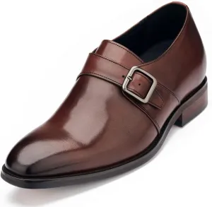 CALTO Men's Invisible Height Increasing Elevator Shoes - Coffee Brown Leather Slip-on Monk-Strap Dress Loafers - 2.8 Inches Taller - Y7255 - Size 11.5 D(M) US