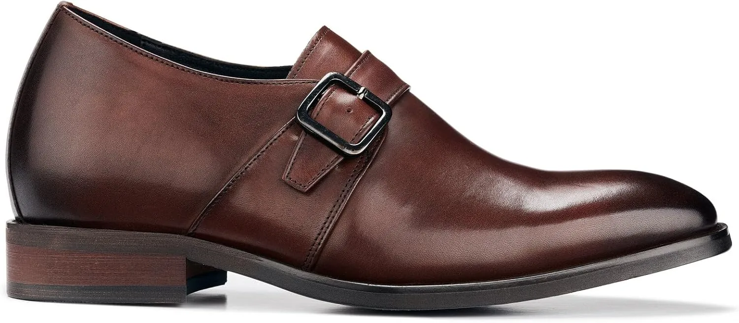 CALTO Men's Invisible Height Increasing Elevator Shoes - Coffee Brown Leather Slip-on Monk-Strap Dress Loafers - 2.8 Inches Taller - Y7255 - Size 11.5 D(M) US