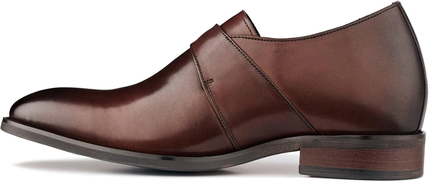 CALTO Men's Invisible Height Increasing Elevator Shoes - Coffee Brown Leather Slip-on Monk-Strap Dress Loafers - 2.8 Inches Taller - Y7255 - Size 11.5 D(M) US