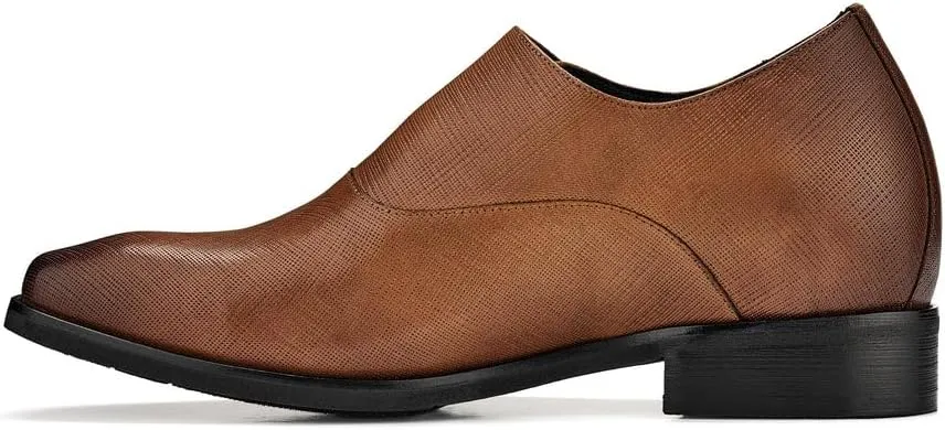 CALTO Men's Invisible Height Increasing Elevator Shoes - Sand Brown Leather Slip-on Lightweight Formal Dress Loafers- 2.8 Inches Taller - Y1181 - Size 11 D(M) US