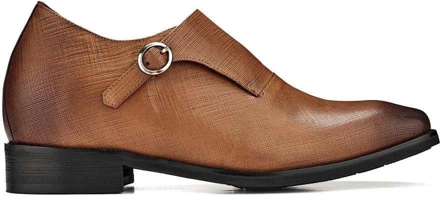 CALTO Men's Invisible Height Increasing Elevator Shoes - Sand Brown Leather Slip-on Lightweight Formal Dress Loafers- 2.8 Inches Taller - Y1181 - Size 11 D(M) US