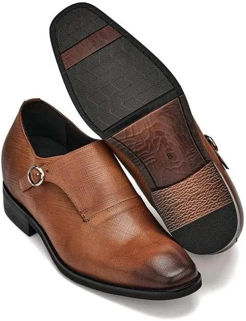 CALTO Men's Invisible Height Increasing Elevator Shoes - Sand Brown Leather Slip-on Lightweight Formal Dress Loafers- 2.8 Inches Taller - Y1181 - Size 11 D(M) US
