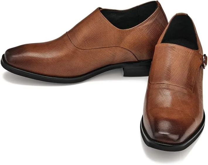 CALTO Men's Invisible Height Increasing Elevator Shoes - Sand Brown Leather Slip-on Lightweight Formal Dress Loafers- 2.8 Inches Taller - Y1181 - Size 11 D(M) US