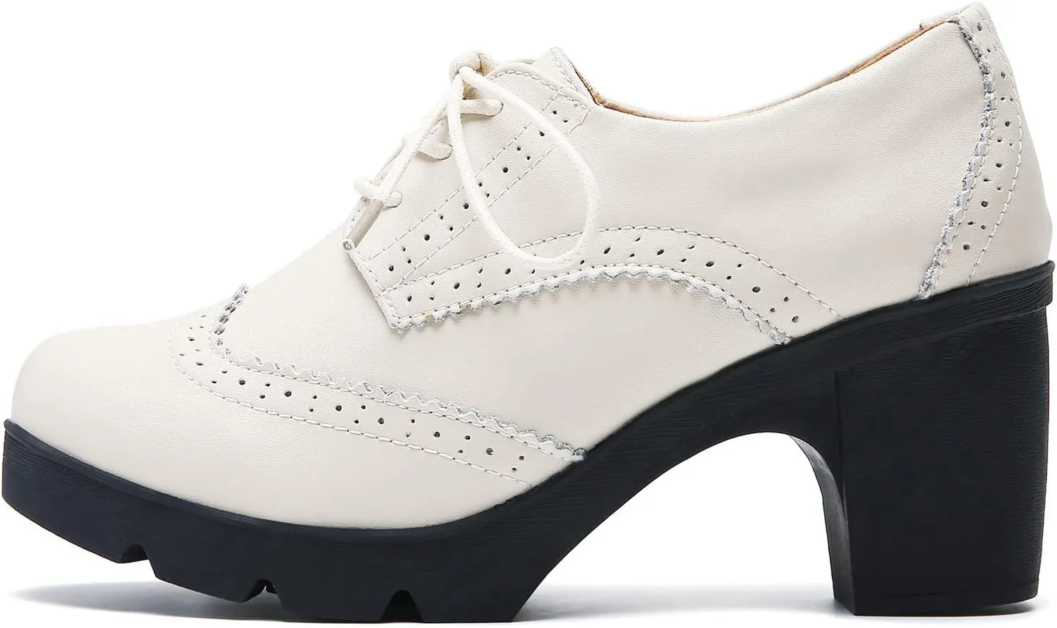 DADAWEN Women's Leather Classic Lace Up Platform Chunky Mid-Heel Square Toe Oxfords Dress Pump Shoes