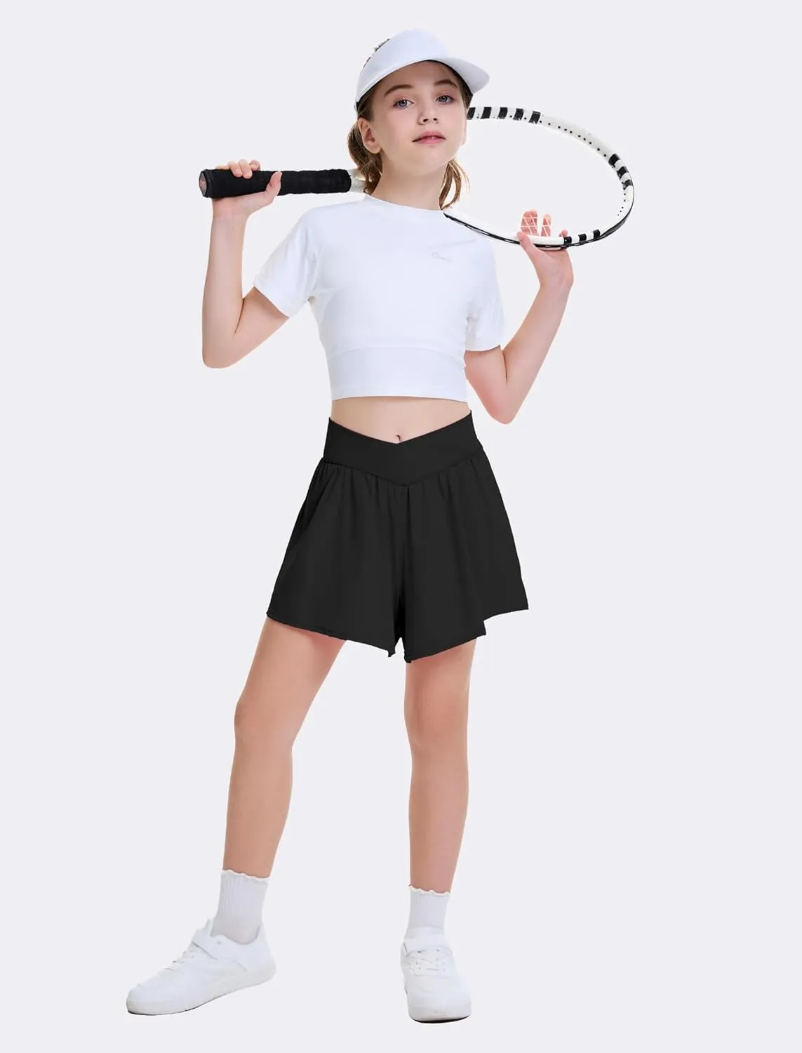 FireSwan Girls Butterfly Shorts Crossover Athletic Shorts with Pockets 2 in 1 Flowy Running Skorts for Teen, Girls, Youth