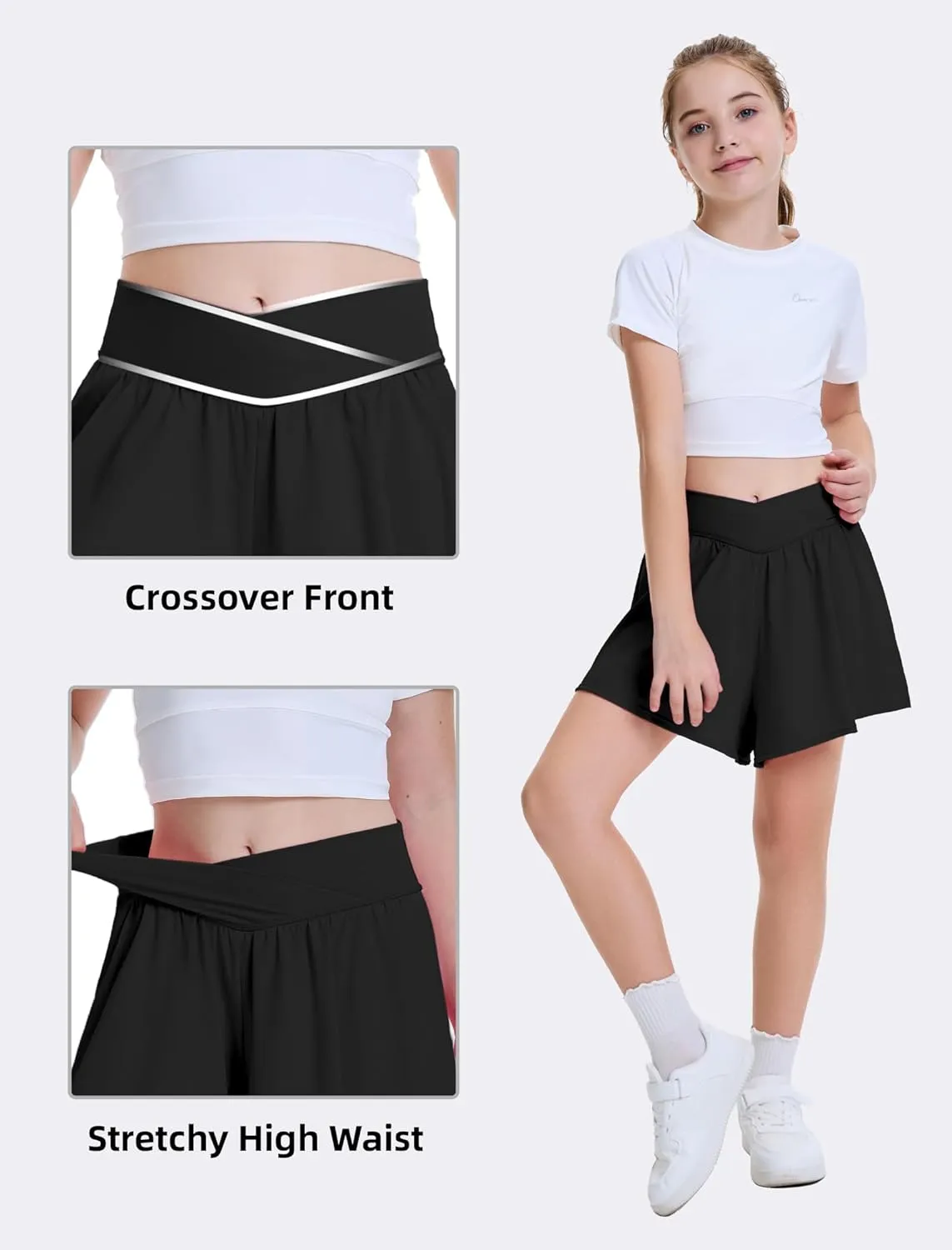 FireSwan Girls Butterfly Shorts Crossover Athletic Shorts with Pockets 2 in 1 Flowy Running Skorts for Teen, Girls, Youth