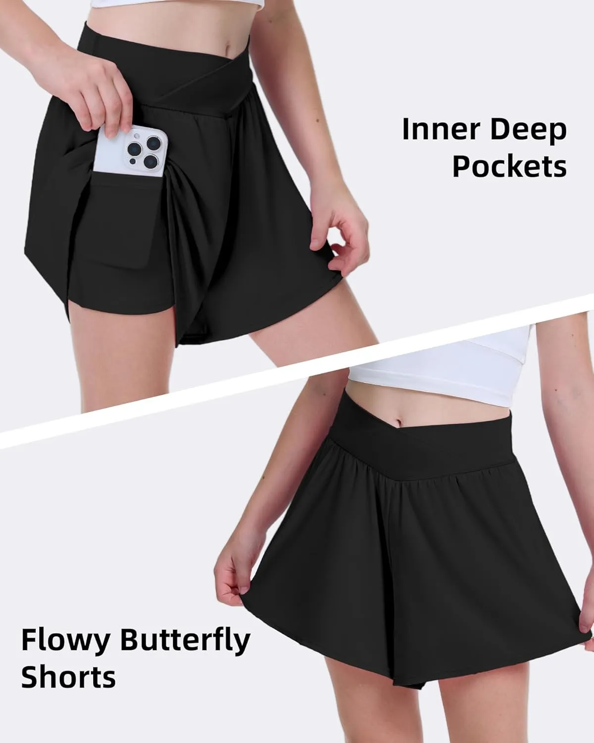FireSwan Girls Butterfly Shorts Crossover Athletic Shorts with Pockets 2 in 1 Flowy Running Skorts for Teen, Girls, Youth