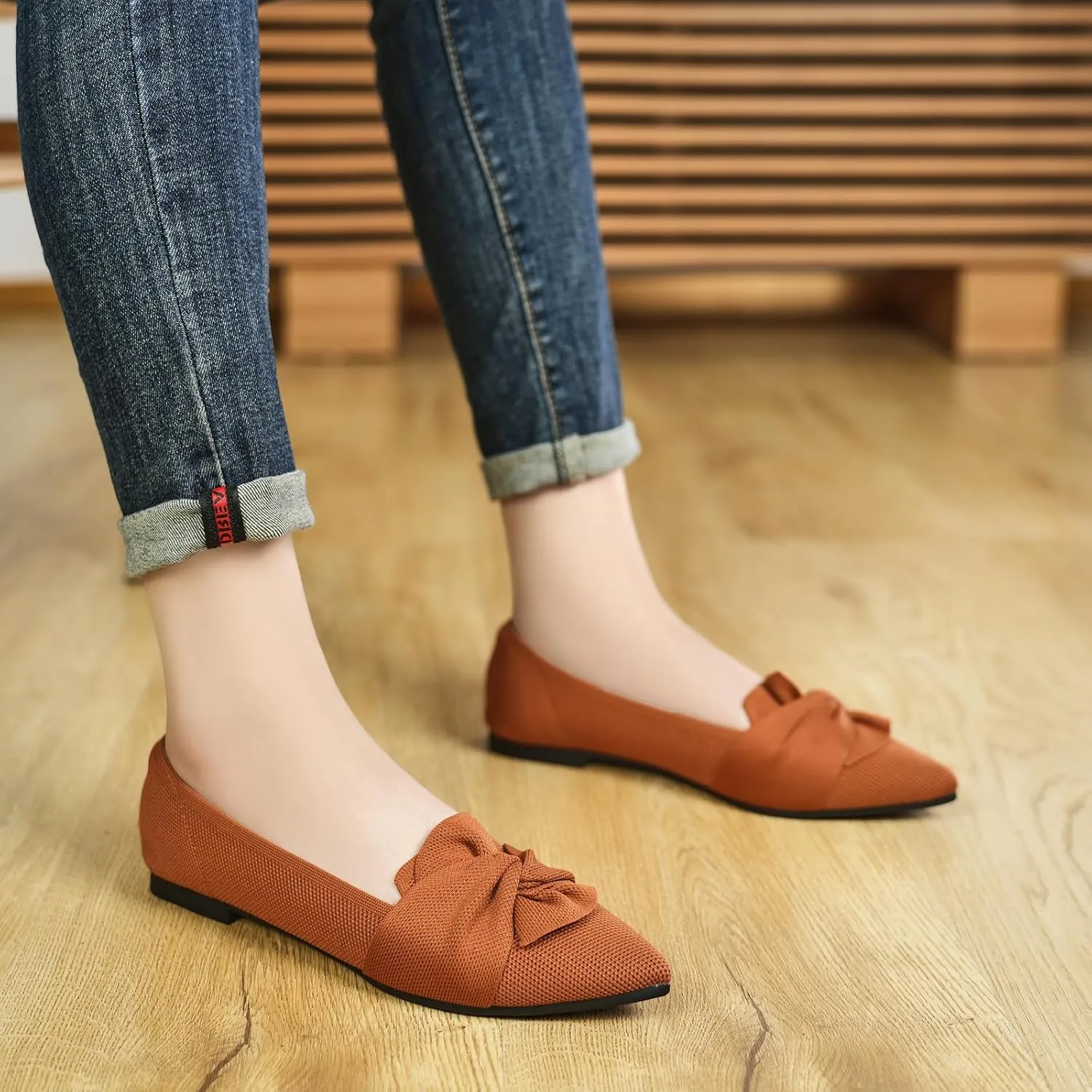 Flats for Womens Pointed Toe Ballet Flats with Bow Comfortable Knit Dressy Flats