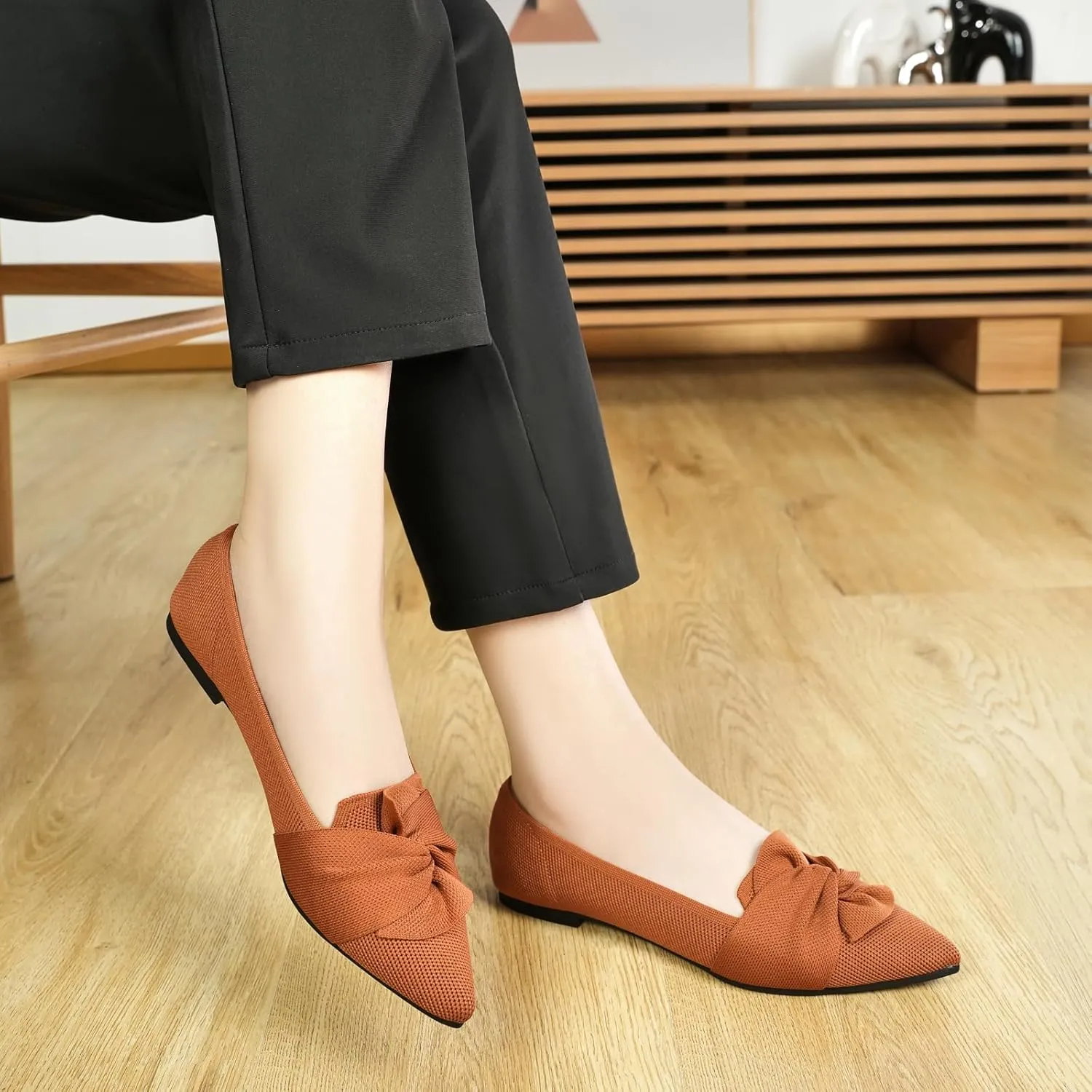 Flats for Womens Pointed Toe Ballet Flats with Bow Comfortable Knit Dressy Flats