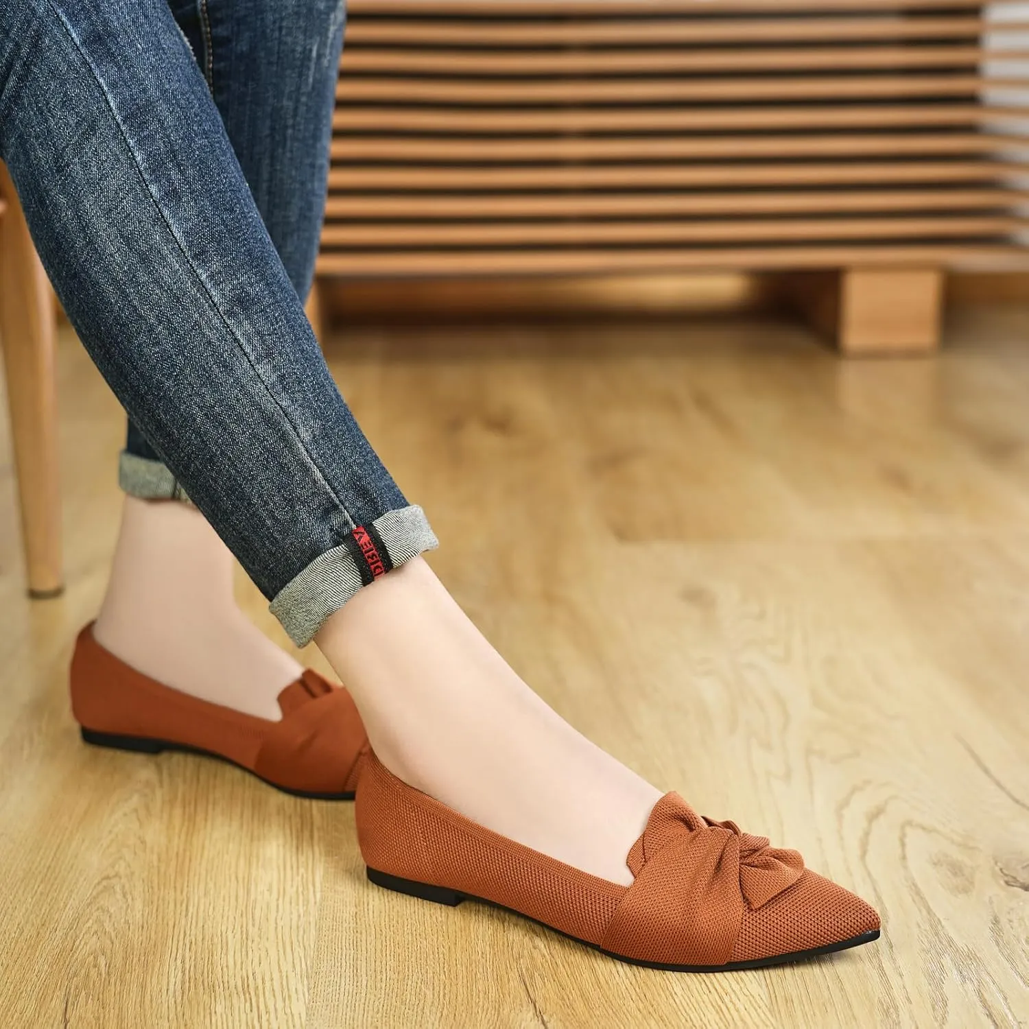 Flats for Womens Pointed Toe Ballet Flats with Bow Comfortable Knit Dressy Flats