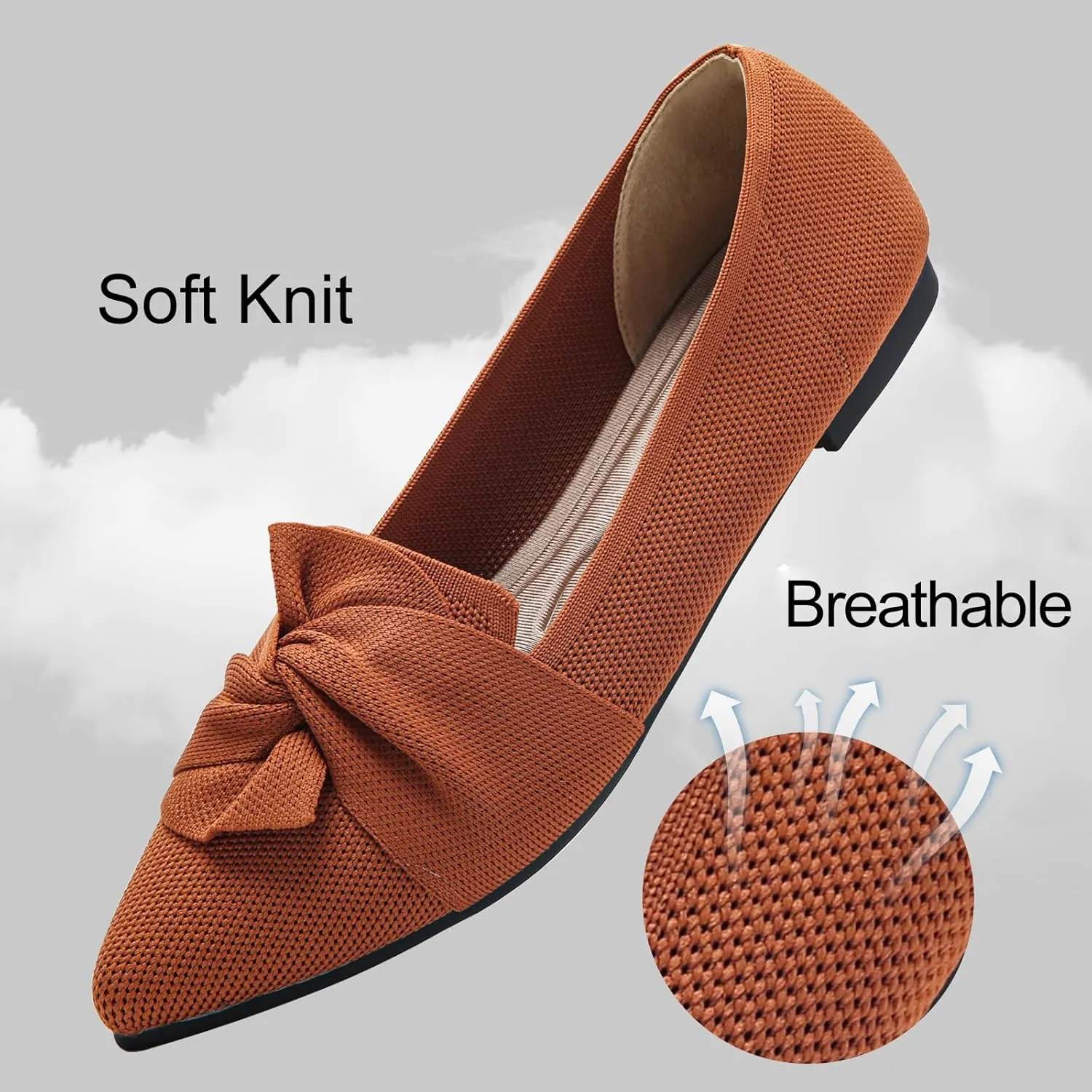 Flats for Womens Pointed Toe Ballet Flats with Bow Comfortable Knit Dressy Flats