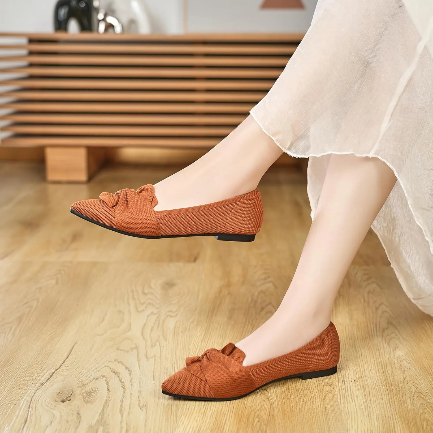 Flats for Womens Pointed Toe Ballet Flats with Bow Comfortable Knit Dressy Flats