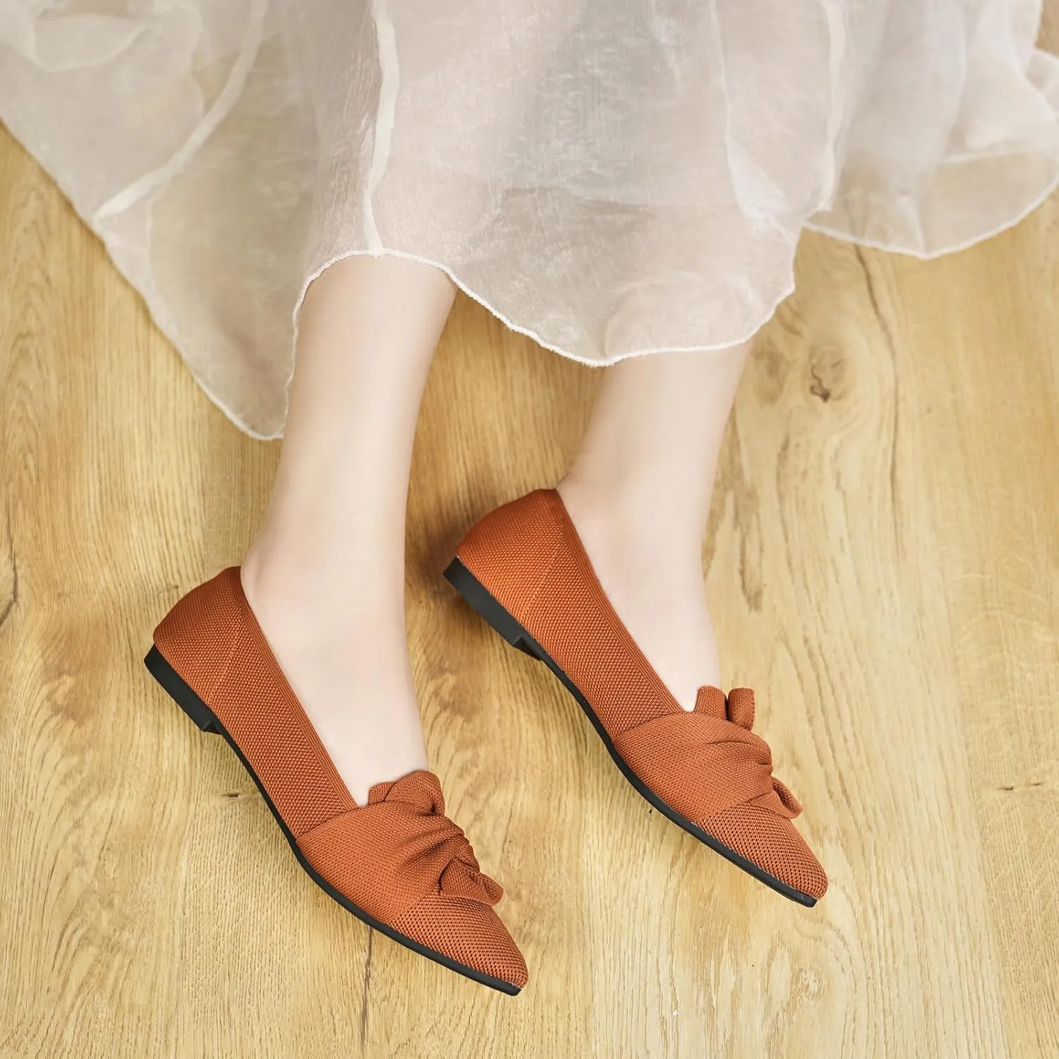 Flats for Womens Pointed Toe Ballet Flats with Bow Comfortable Knit Dressy Flats