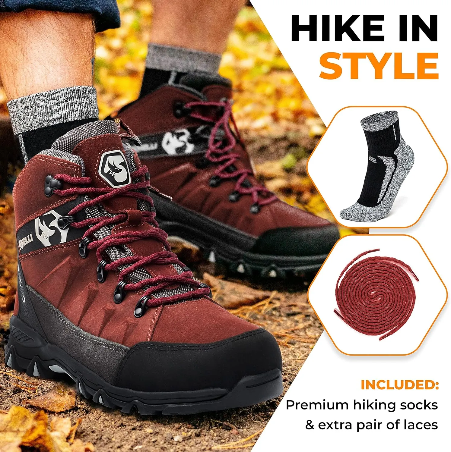 Foxelli Mens Hiking Boots  Waterproof Breathable & Lightweight Suede Leather Hiking Boots for Men