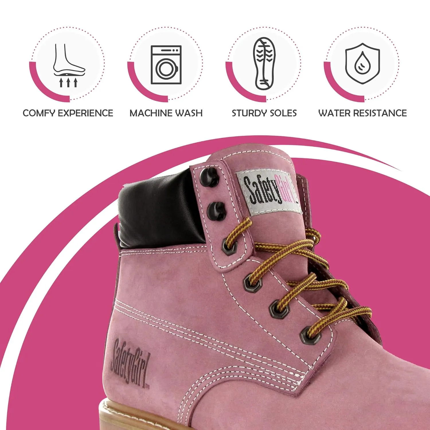 GS003-Lt Pink-7W Steel Toe Work Boots - Light Pink - 7W, English, Capacity, Volume, Leather, 7W, Pink ()