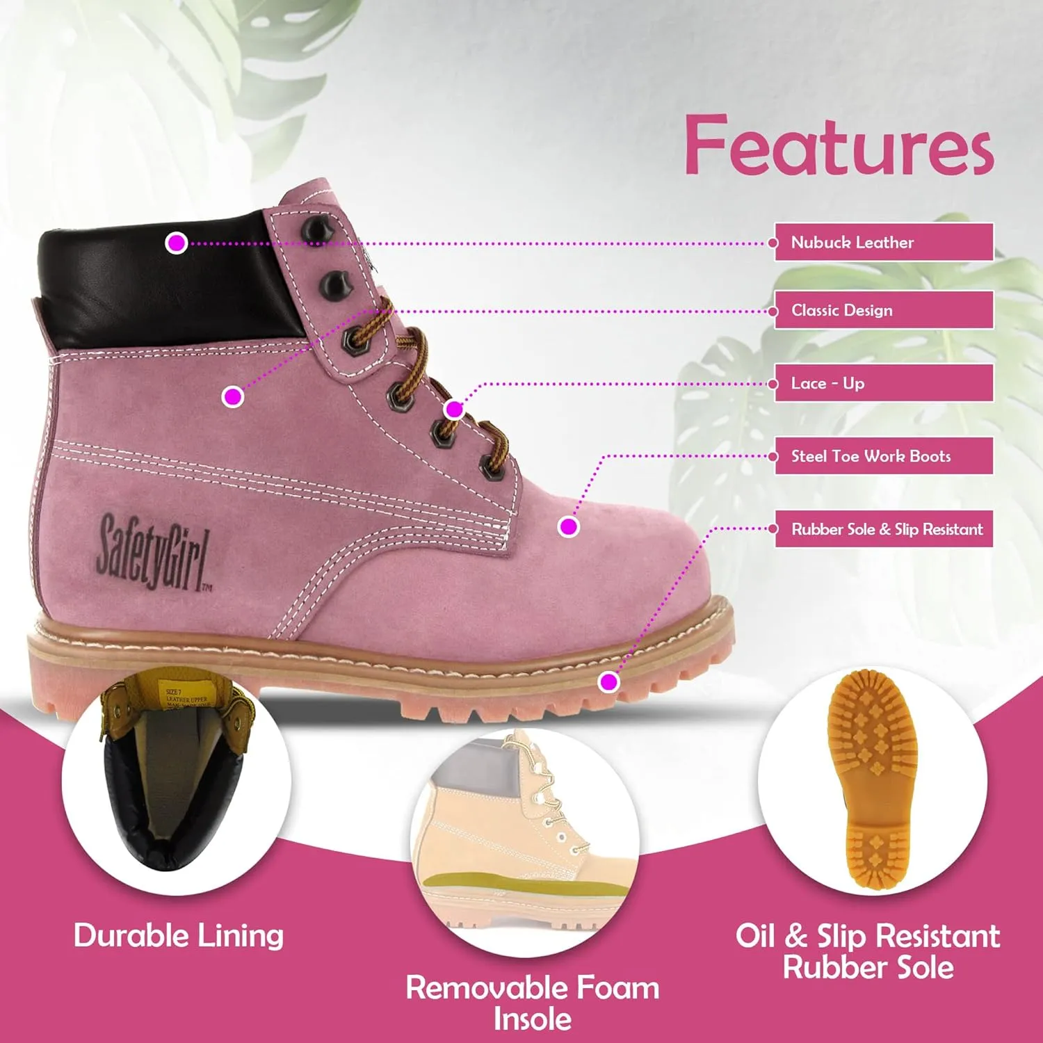 GS003-Lt Pink-7W Steel Toe Work Boots - Light Pink - 7W, English, Capacity, Volume, Leather, 7W, Pink ()