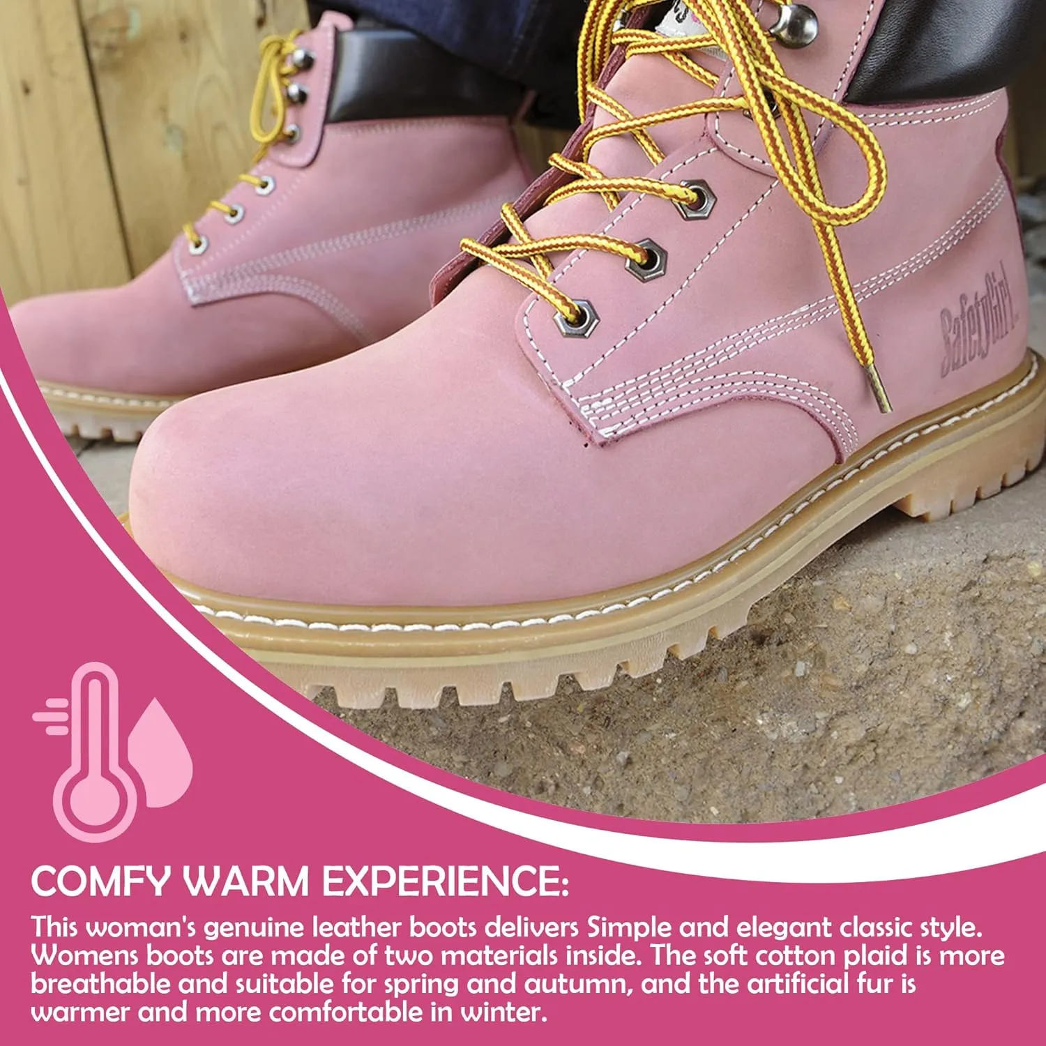 GS003-Lt Pink-7W Steel Toe Work Boots - Light Pink - 7W, English, Capacity, Volume, Leather, 7W, Pink ()