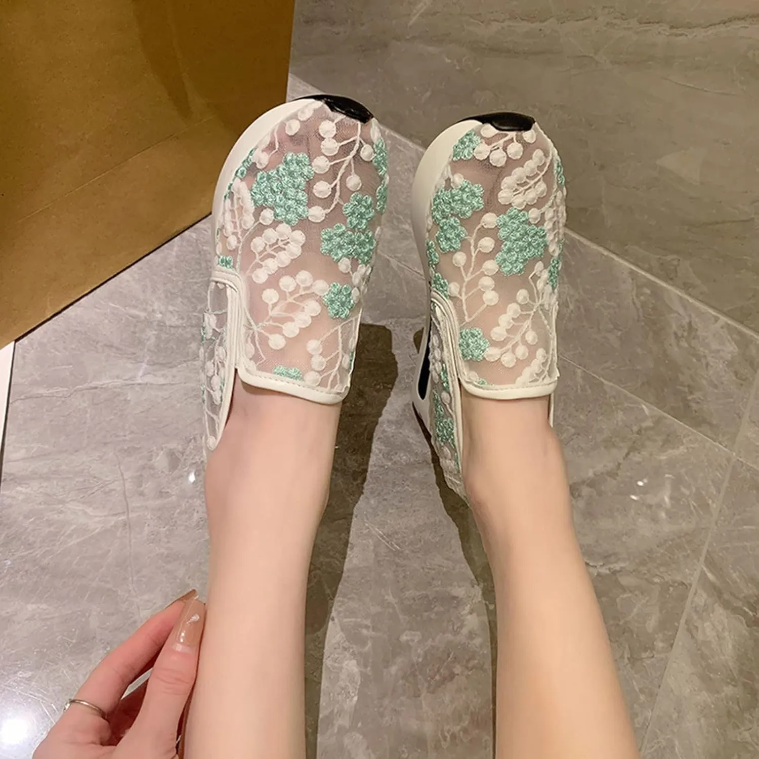Hbeylia Platform Wedge Fashion Sneakers for Women Embroidery Floral Mesh Air Lace Chunky Sole Hidden High Heels Slip On Loafers Walking Work Shoes Arch Support Low Top Play Sneakers Loafers