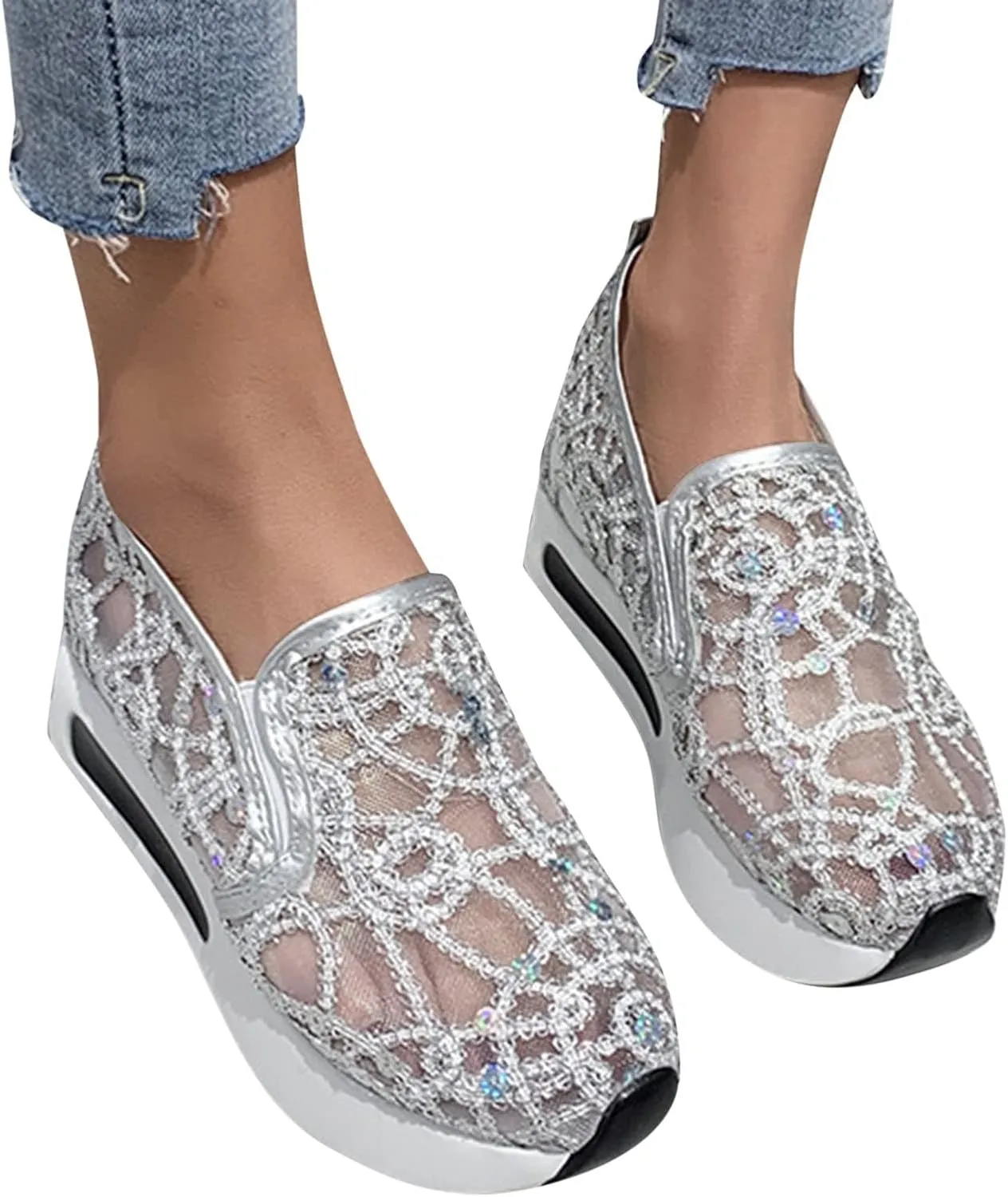 Hbeylia Platform Wedge Fashion Sneakers for Women Embroidery Floral Mesh Air Lace Chunky Sole Hidden High Heels Slip On Loafers Walking Work Shoes Arch Support Low Top Play Sneakers Loafers