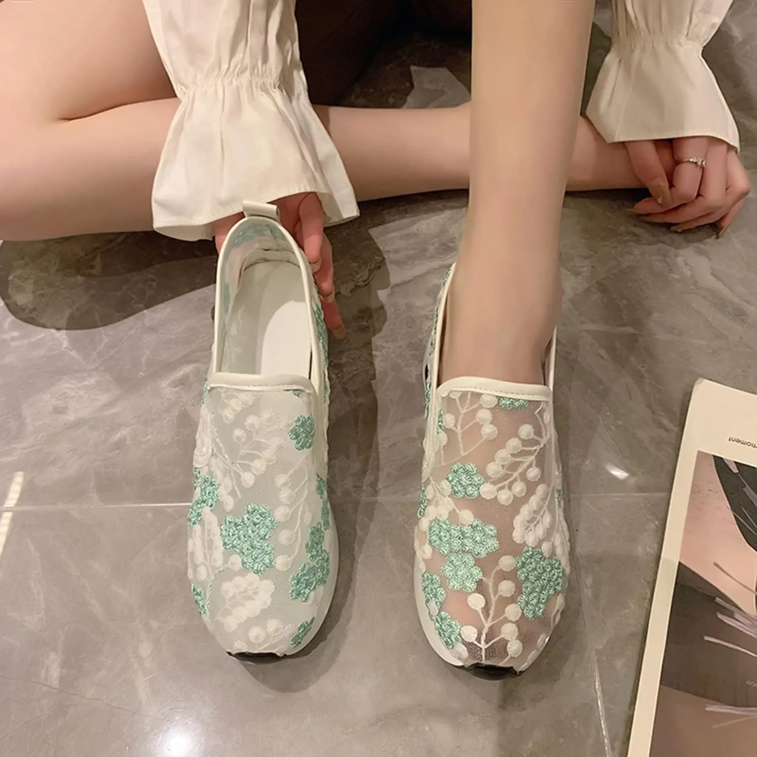 Hbeylia Platform Wedge Fashion Sneakers for Women Embroidery Floral Mesh Air Lace Chunky Sole Hidden High Heels Slip On Loafers Walking Work Shoes Arch Support Low Top Play Sneakers Loafers