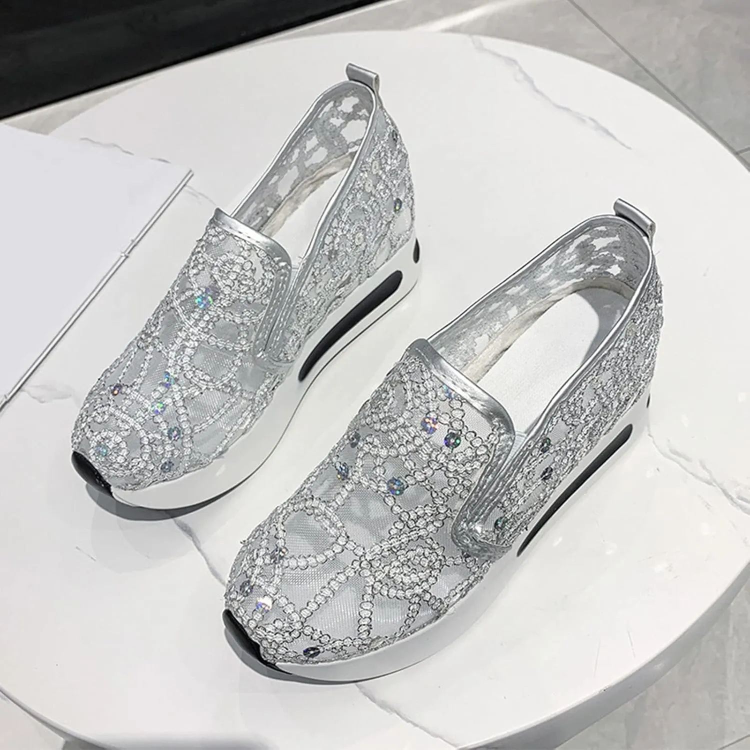 Hbeylia Platform Wedge Fashion Sneakers for Women Embroidery Floral Mesh Air Lace Chunky Sole Hidden High Heels Slip On Loafers Walking Work Shoes Arch Support Low Top Play Sneakers Loafers