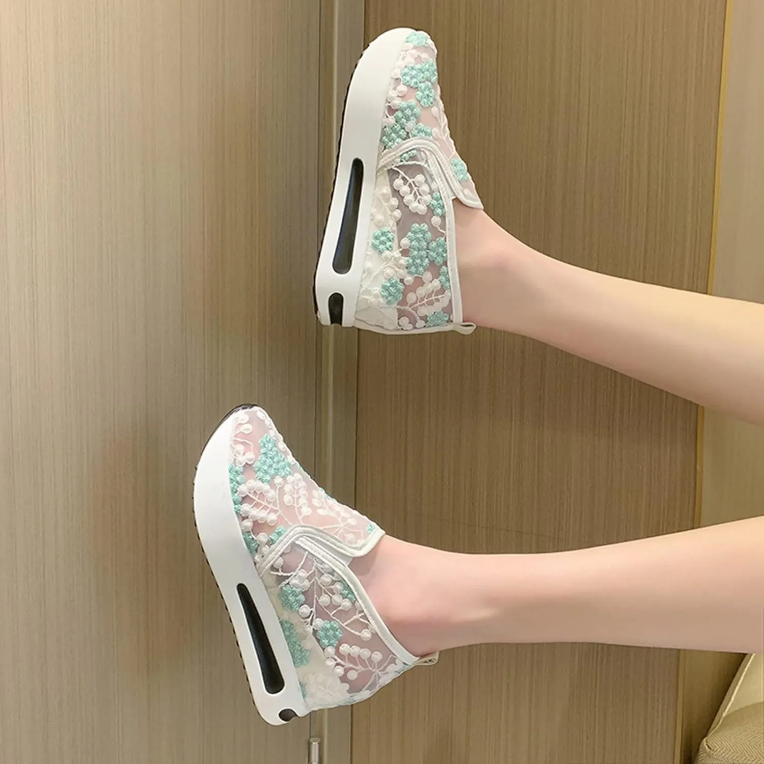 Hbeylia Platform Wedge Fashion Sneakers for Women Embroidery Floral Mesh Air Lace Chunky Sole Hidden High Heels Slip On Loafers Walking Work Shoes Arch Support Low Top Play Sneakers Loafers