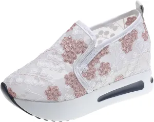 Hbeylia Platform Wedge Fashion Sneakers for Women Embroidery Floral Mesh Air Lace Chunky Sole Hidden High Heels Slip On Loafers Walking Work Shoes Arch Support Low Top Play Sneakers Loafers