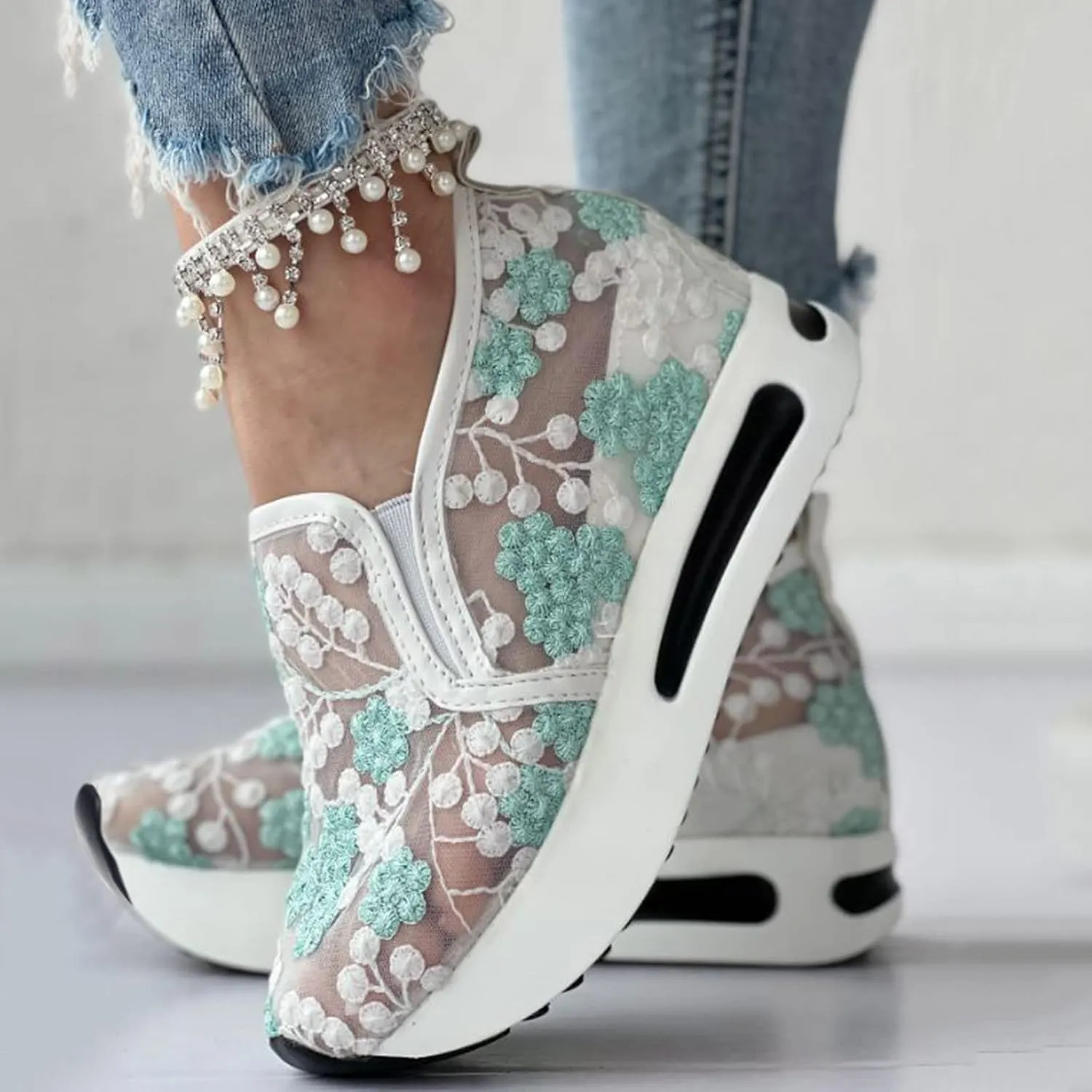 Hbeylia Platform Wedge Fashion Sneakers for Women Embroidery Floral Mesh Air Lace Chunky Sole Hidden High Heels Slip On Loafers Walking Work Shoes Arch Support Low Top Play Sneakers Loafers