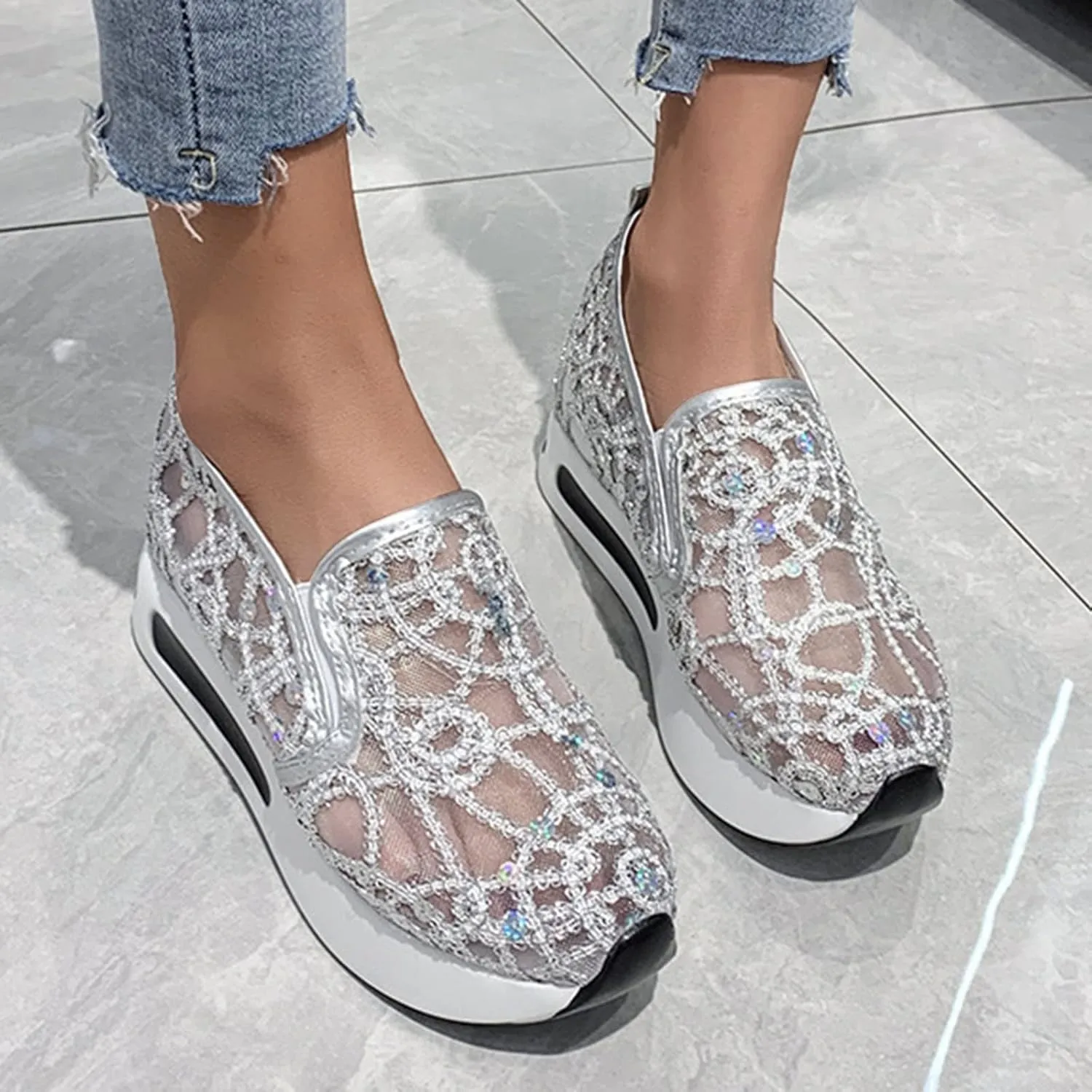 Hbeylia Platform Wedge Fashion Sneakers for Women Embroidery Floral Mesh Air Lace Chunky Sole Hidden High Heels Slip On Loafers Walking Work Shoes Arch Support Low Top Play Sneakers Loafers