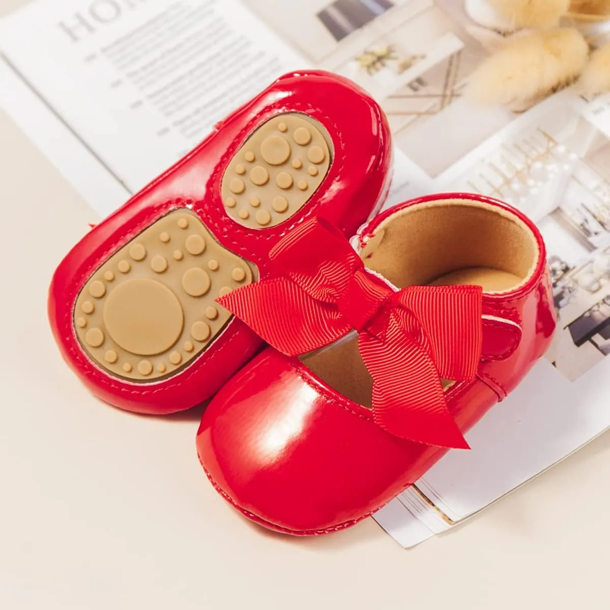 HsdsBebe Infant Baby Girls Mary Jane Flats Bow Non-Slip Soft Sole Princess Toddler First Walkers Sneaker Wedding Dress Shoes