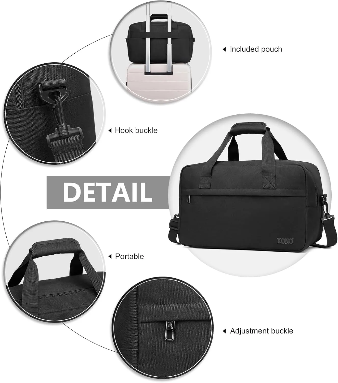 Kono Travel Duffel 20L Under Seat Carry-On Sports Tote Gym Weekender Overnight Bag - 15.75"x9.84"x7.87" Black