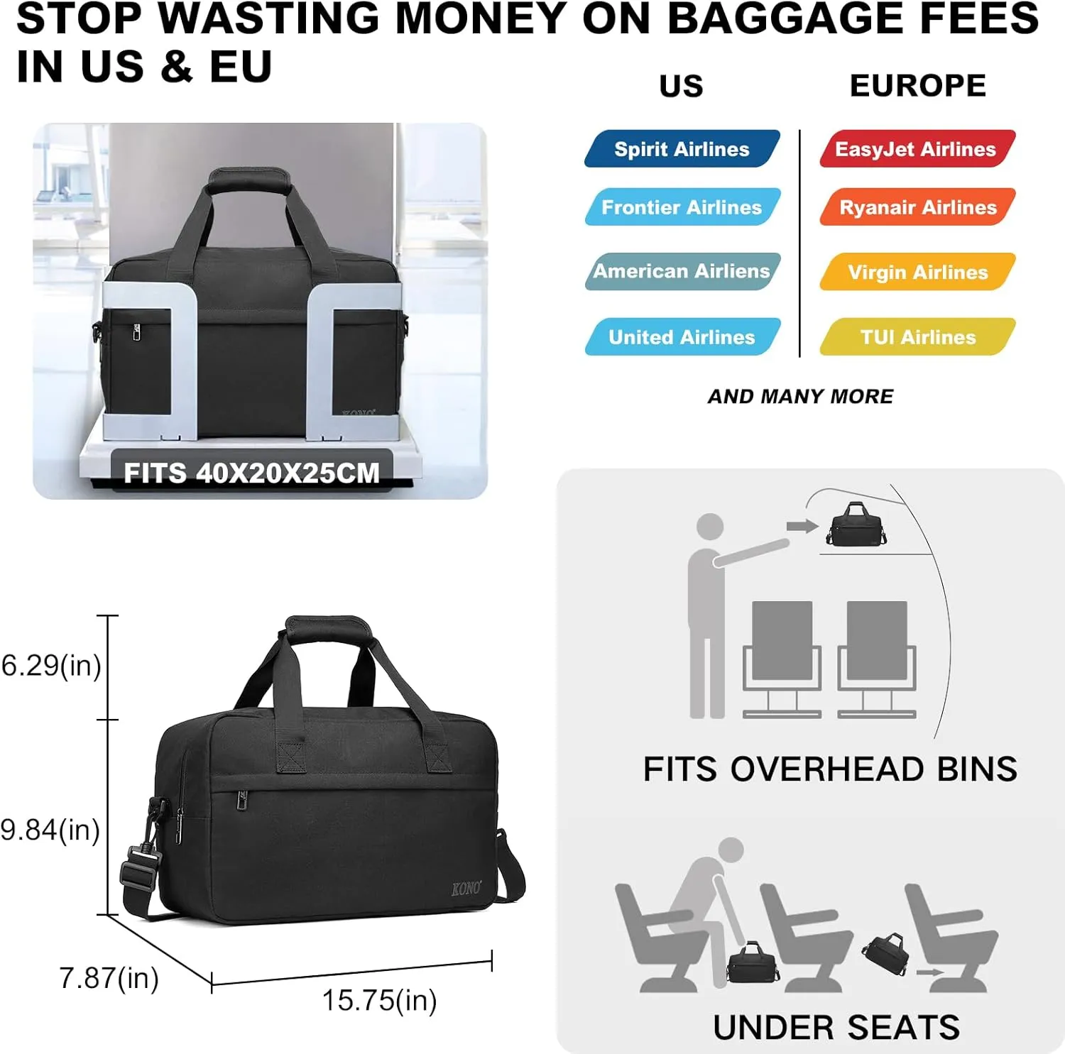 Kono Travel Duffel 20L Under Seat Carry-On Sports Tote Gym Weekender Overnight Bag - 15.75"x9.84"x7.87" Black