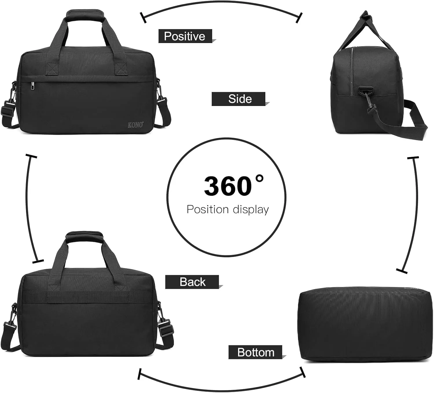 Kono Travel Duffel 20L Under Seat Carry-On Sports Tote Gym Weekender Overnight Bag - 15.75"x9.84"x7.87" Black