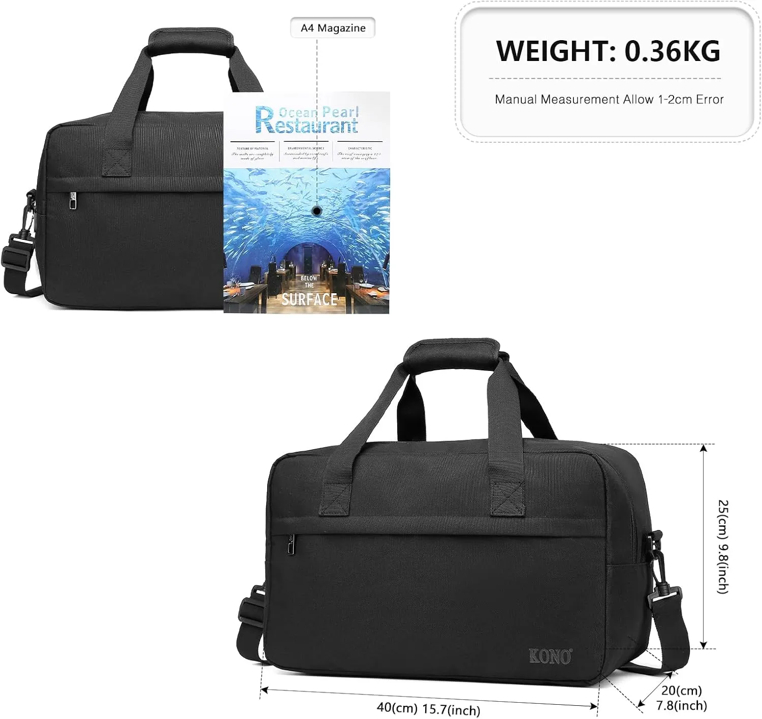Kono Travel Duffel 20L Under Seat Carry-On Sports Tote Gym Weekender Overnight Bag - 15.75"x9.84"x7.87" Black