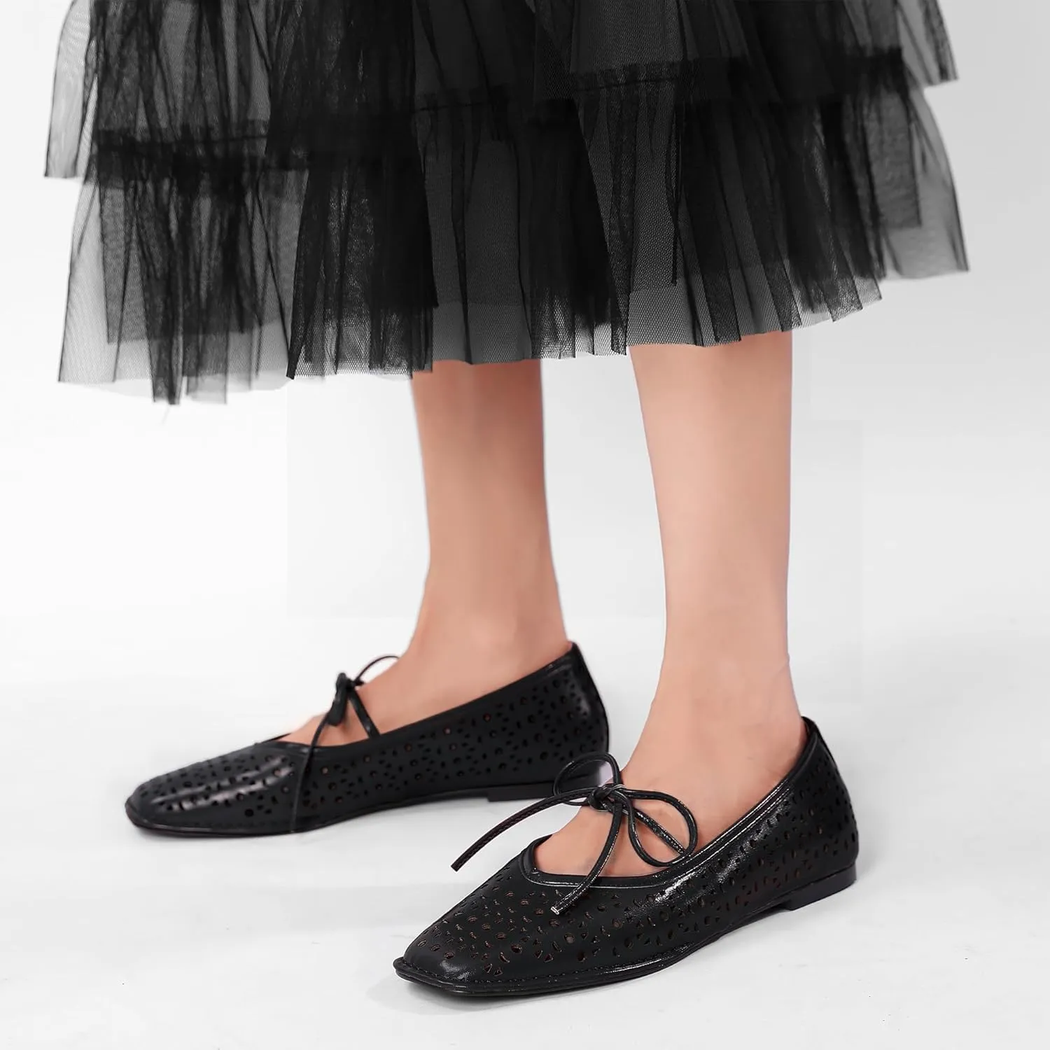 Lace Up Square Toe Ballet Flats for Women Cute Bow Slip On Mary Jane Flats Casual Ballerina Shoes